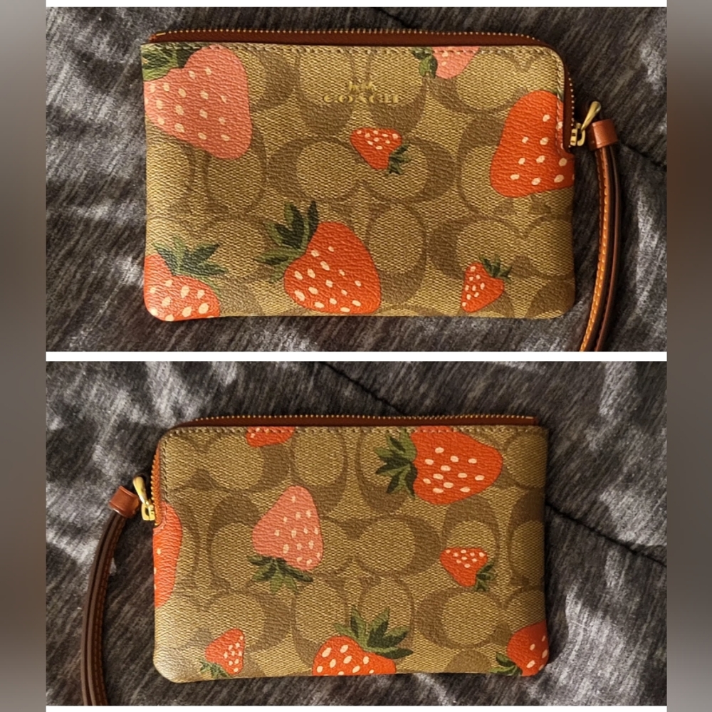 Coach Corner Zip Wristlet In Wild Strawberry Print